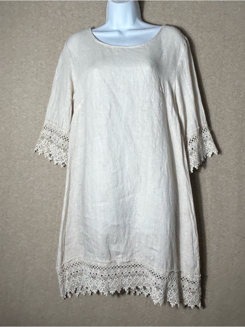 Stella Rosa Linen Dress Womens Small Beige Crochet Shift‎ Italy Wedding Neutral